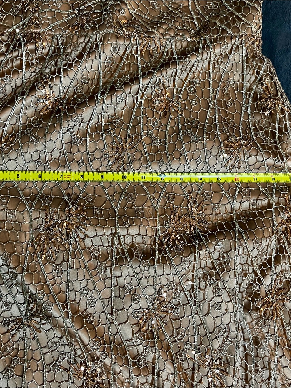 Kay Unger Wms Gold Metallic Satin Sequin Embroidery Lace Overlay Maxi Dress 10 - Picture 11 of 14